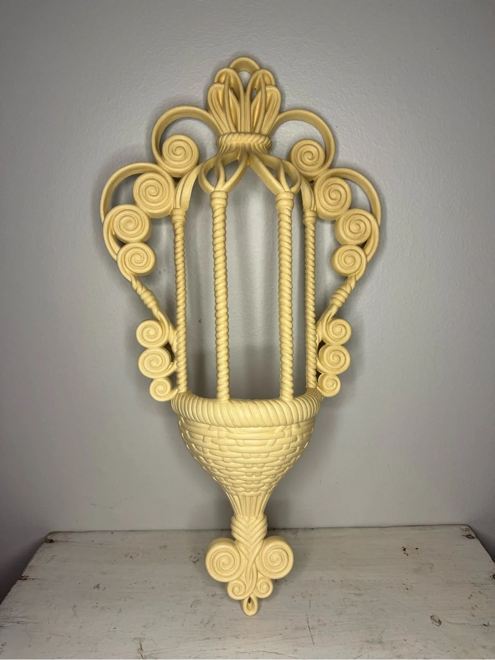 VTG 1972 Burwood #1628 Faux Wicker Rattan White Wall Pocket Sconce Planter